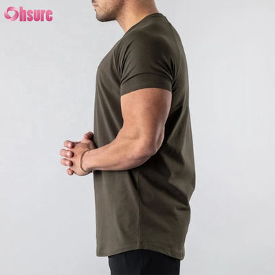 Camiseta masculina de ginástica para musculação com bainha curva e alongada, lisa, com mistura de 95% algodão e 5% elastano, com logotipo personalizado