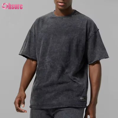 Logotipo personalizado Peso pesado Homem preto 100% algodão ativo lavagem ácida de grandes dimensões Creme de camiseta esportiva de ginásio camiseta masculina