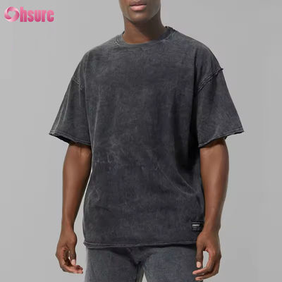 Logotipo personalizado Peso pesado Homem preto 100% algodão ativo lavagem ácida de grandes dimensões Creme de camiseta esportiva de ginásio camiseta masculina