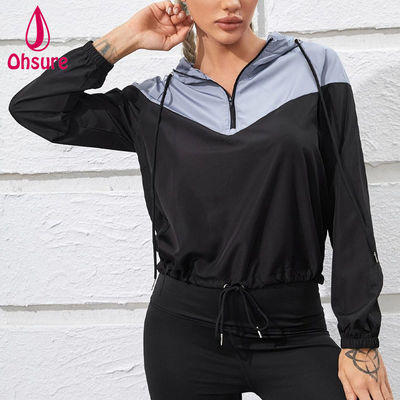 LOGO Personalizado 100% Poliéster  Casaco Desportivo com Capuz e Fecho de Meia-Zip, Duas Tons, para Mulheres, Fitness, Ginásio, Treino