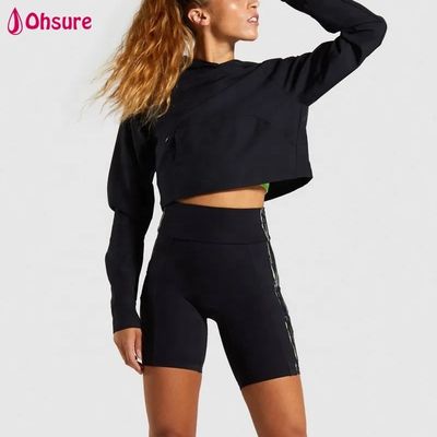 Custom Super Soft Fitness Crew Neck Mulheres Cotton Sport Crop Top Negro Hoodies Gym Pullover com Hoody