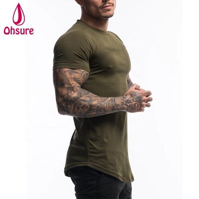 Camiseta de ginástica masculina de algodão e spandex personalizada, roupa verde-militar, manga curta, lisa, para treino masculino