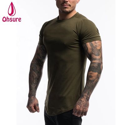 Camiseta de ginástica masculina de algodão e spandex personalizada, roupa verde-militar, manga curta, lisa, para treino masculino