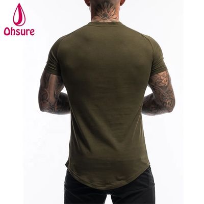 Camiseta de ginástica masculina de algodão e spandex personalizada, roupa verde-militar, manga curta, lisa, para treino masculino