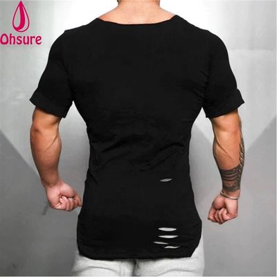 Nova Camiseta de Algodão Masculina - Camiseta Vintage Rasgada com Buracos - Moda Masculina Casual Roupas Esportivas Fitness