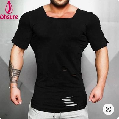 Nova Camiseta de Algodão Masculina - Camiseta Vintage Rasgada com Buracos - Moda Masculina Casual Roupas Esportivas Fitness